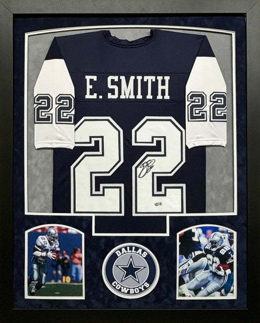 Dallas Cowboys Emmitt Smith Hand Signed Autographed Custom Navy Jersey Framed & Double Suede Matted BECKETT COA