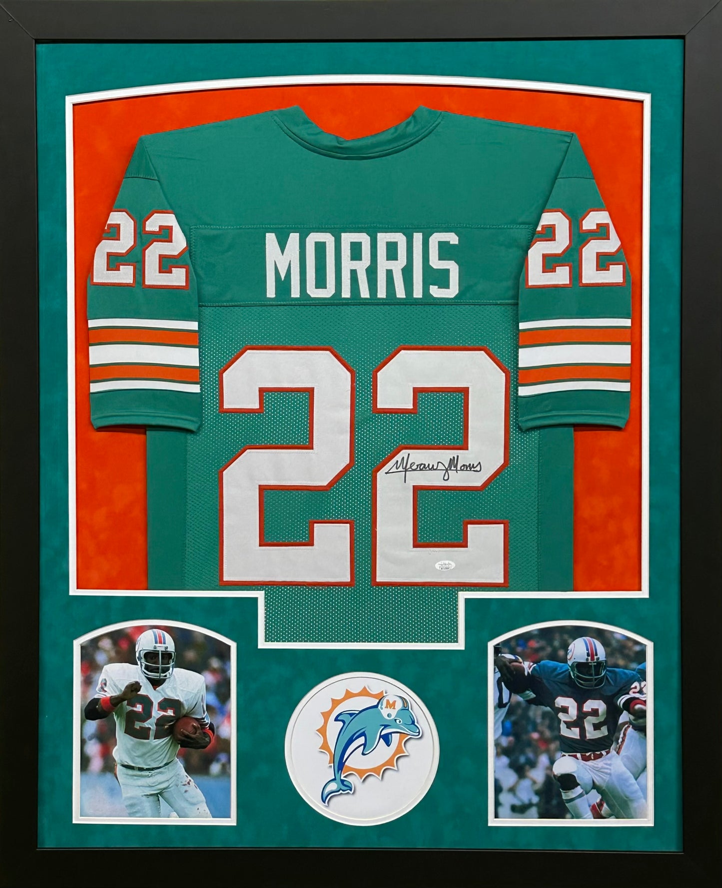 Miami Dolphins Mercury Morris Hand Signed Autographed Custom Teal Jersey Framed & Suede Matted with JSA COA