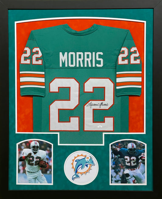 Miami Dolphins Mercury Morris Hand Signed Autographed Custom Teal Jersey Framed & Suede Matted with JSA COA