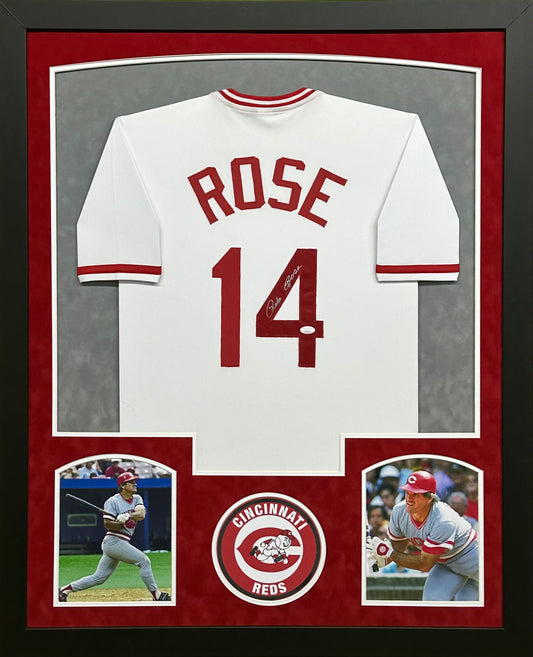 Cincinnati Reds Pete Rose Hand Signed Autographed Custom White Jersey Framed & Suede Matted with JSA COA