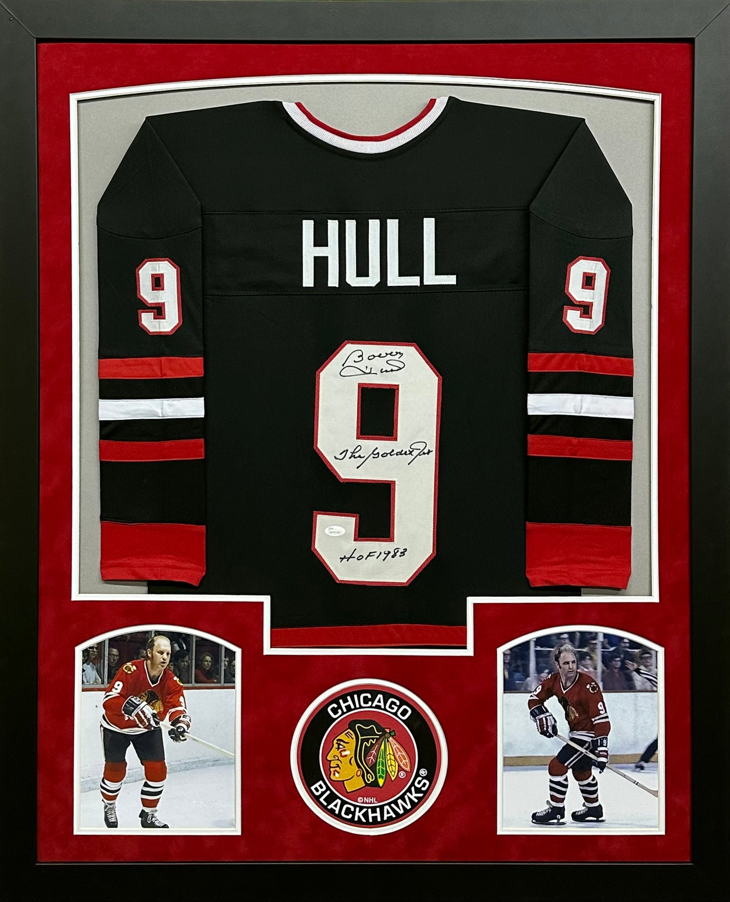 Chicago Blackhawks Bobby Hull Hand Signed Autographed Custom Black Jersey with The Golden Jet & HOF 1983 Inscriptions Framed & Suede Matted with JSA COA