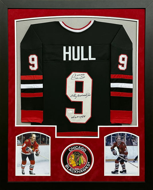 Chicago Blackhawks Bobby Hull Hand Signed Autographed Custom Black Jersey with The Golden Jet & HOF 1983 Inscriptions Framed & Suede Matted with JSA COA
