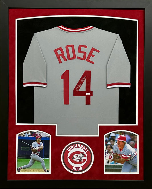 Cincinnati Reds Pete Rose Hand Signed Autographed Custom Gray Jersey Framed & Suede Matted with JSA COA