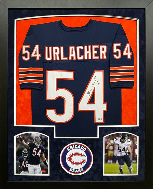 Chicago Bears Brian Urlacher Hand Signed Autographed Custom Navy Jersey with HOF 18 Inscription Framed & Double Suede Matted BECKETT COA