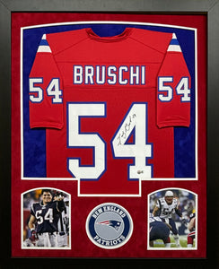 New England Patriots Tedy Bruschi Hand Signed Autographed Custom Red Jersey Framed & Double Suede Matted BECKETT COA