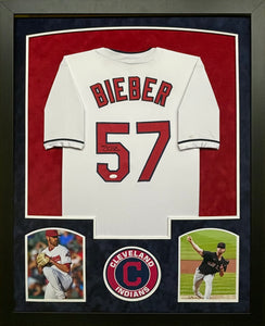 Cleveland Indians Shane Bieber Hand Signed Autographed Custom White Jersey Framed & Double Suede Matted JSA COA