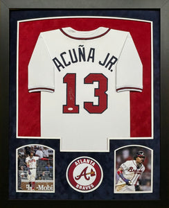 Atlanta Braves Ronald Acuna Jr. Hand Signed Autographed Custom White Jersey Framed & Double Suede Matted with JSA COA