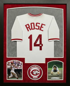 Cincinnati Reds Pete Rose Hand Signed Autographed Custom White Jersey Framed & Double Suede Matted JSA COA