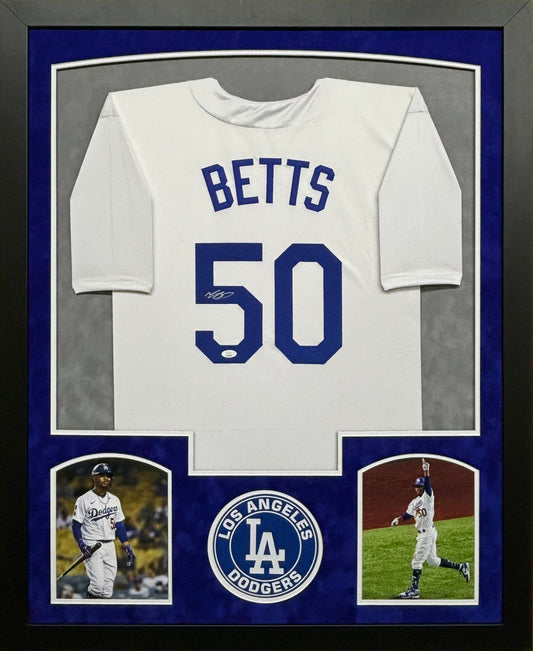 Los Angeles Dodgers Mookie Betts Hand Signed Autographed Custom White Jersey Framed & Double Suede Matted JSA COA