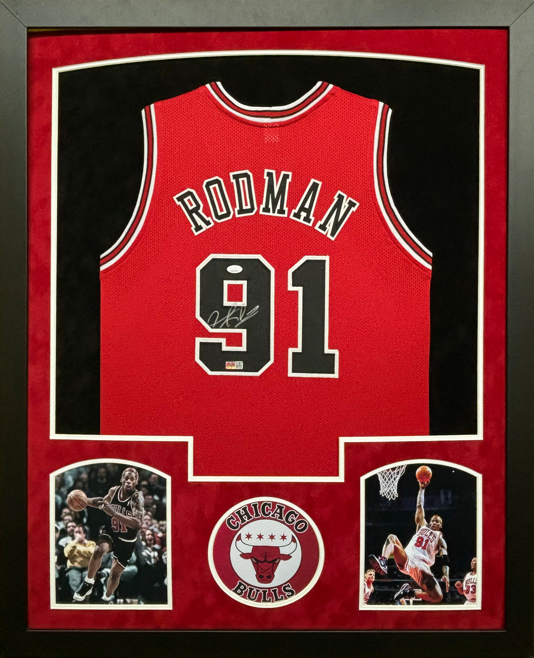 Chicago Bulls Dennis Rodman Hand Signed Autographed Custom Red Jersey Framed & Double Suede Matted with JSA COA