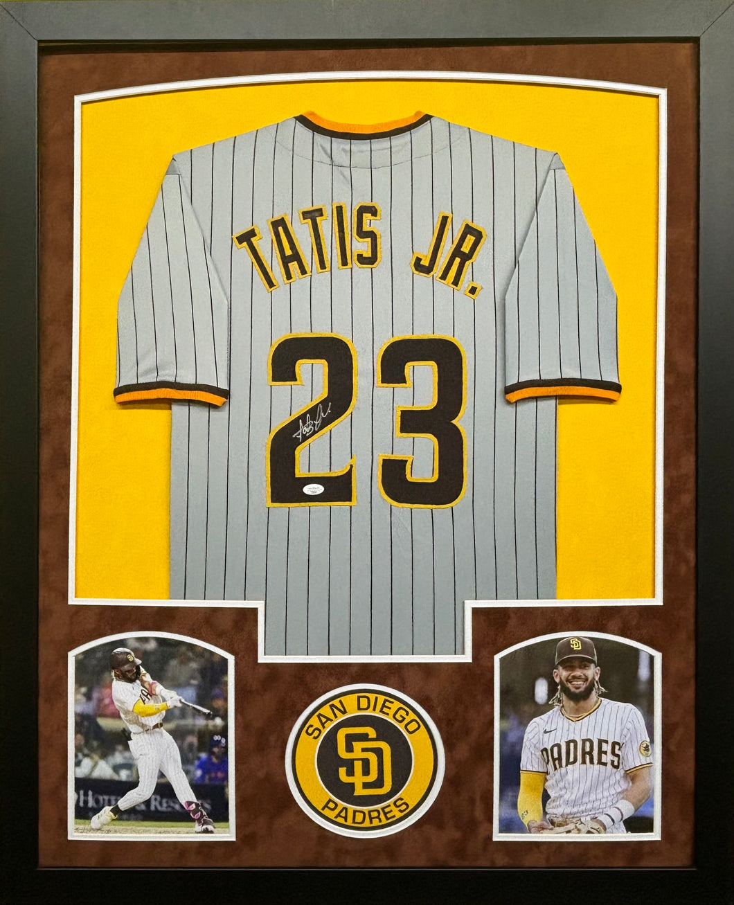 San Diego Padres Fernando Tatis Jr. Hand Signed Autographed Custom Gray Pinstripe Jersey Framed & Double Suede Matted JSA COA