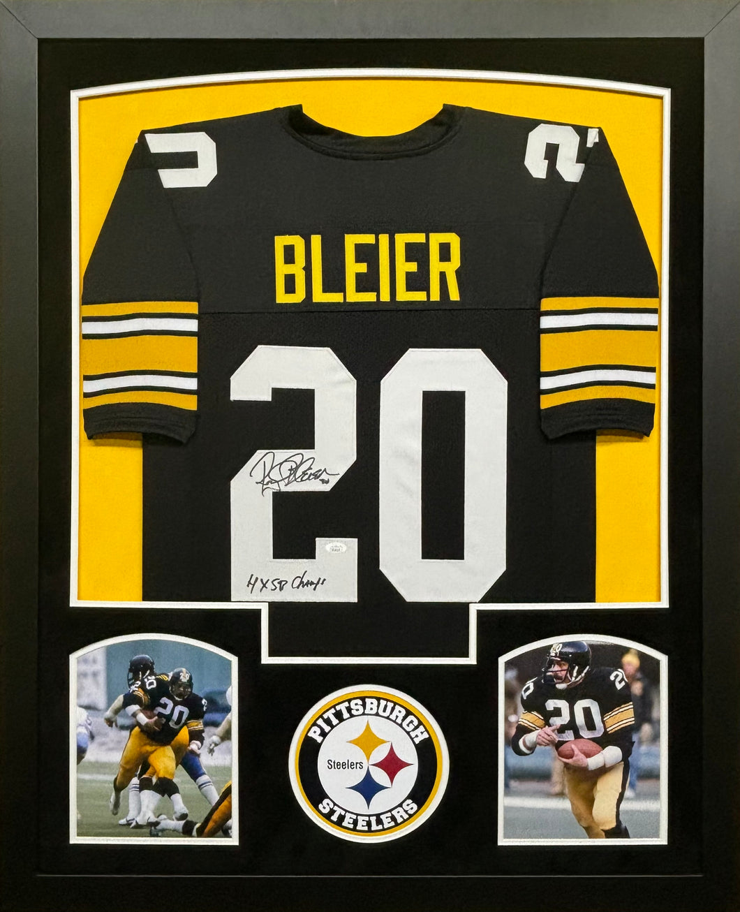 Pittsburgh Steelers Rocky Bleier Hand Signed Autographed Custom Black Jersey with 4X SB Champs Inscription Framed & Double Suede Matted JSA COA