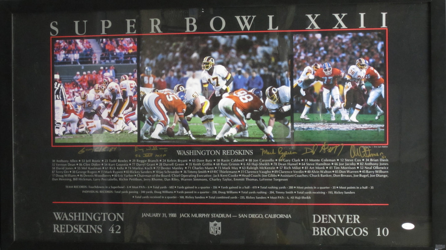 Washington Redskins vs. Denver Broncos Doug Williams, Gary Clark, Darryl Grant, Mark Rypien, & Monte Coleman Quintuple Hand Signed Autographed Super Bowl XXII Poster with SB XXII MVP Williams Inscription Framed & Matted with JSA COA