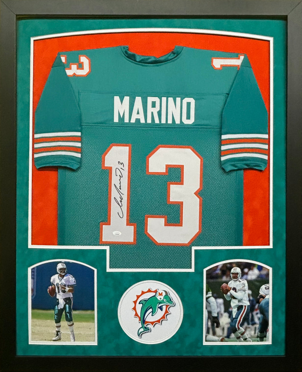 Miami Dolphins Dan Marino Hand Signed Autographed Custom Teal Jersey Framed & Double Suede Matted JSA COA