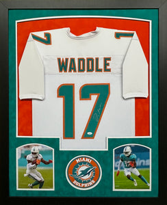 Miami Dolphins Jaylen Waddle Hand Signed Autographed Custom White Jersey Framed & Double Suede Matted with JSA COA