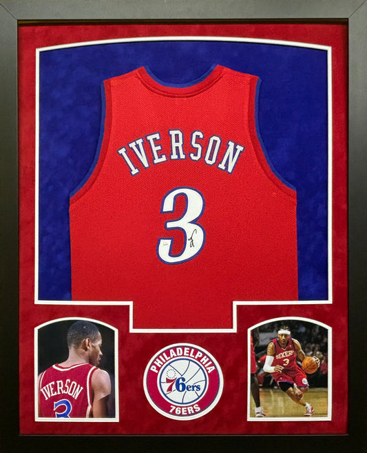 Philadelphia 76ers Allen Iverson Hand Signed Autographed Custom Red Jersey Framed & Double Suede Matted with JSA COA