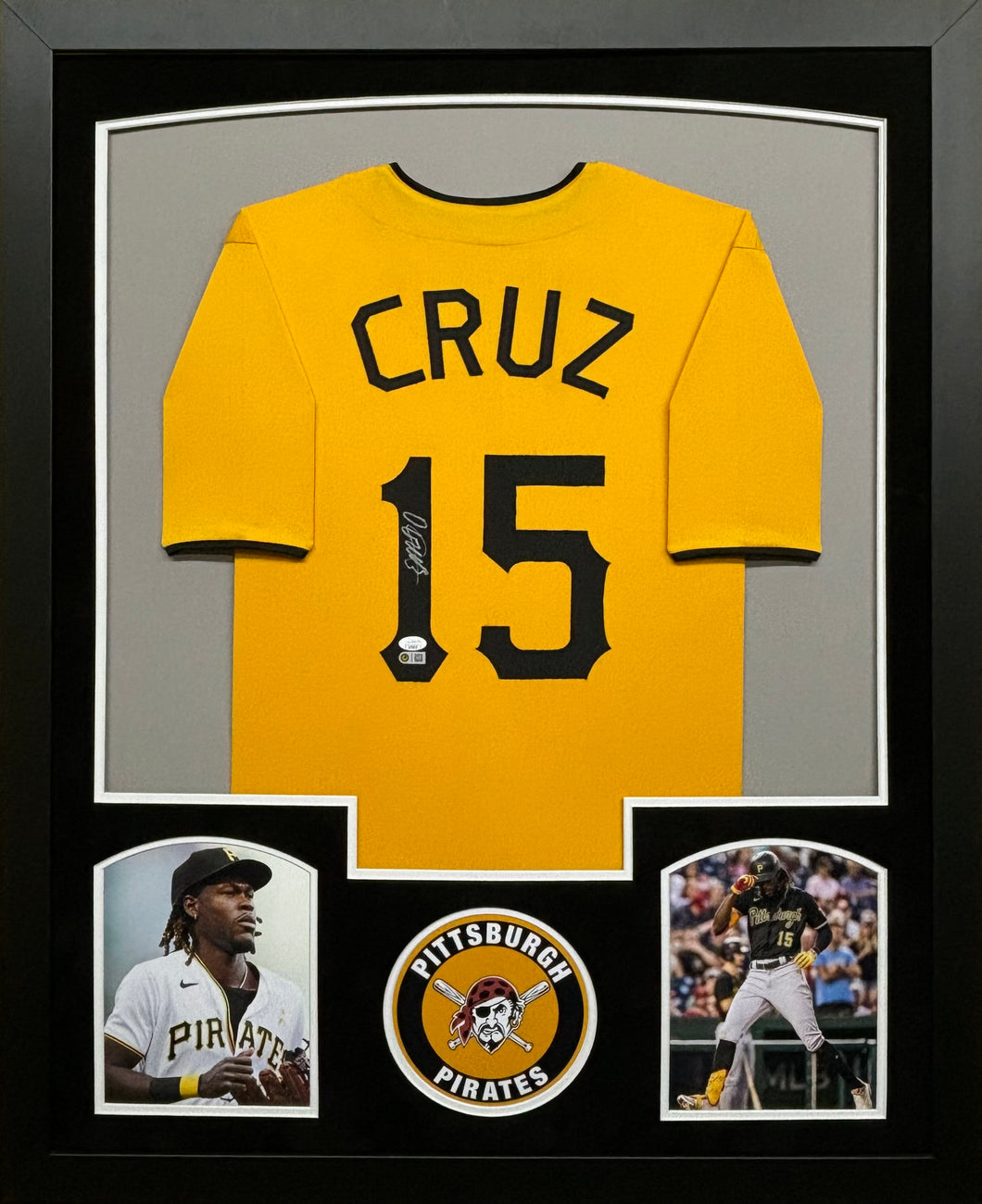 Pittsburgh Pirates Oneil Cruz Hand Signed Autographed Custom Gold Jersey Framed & Suede Matted with JSA COA