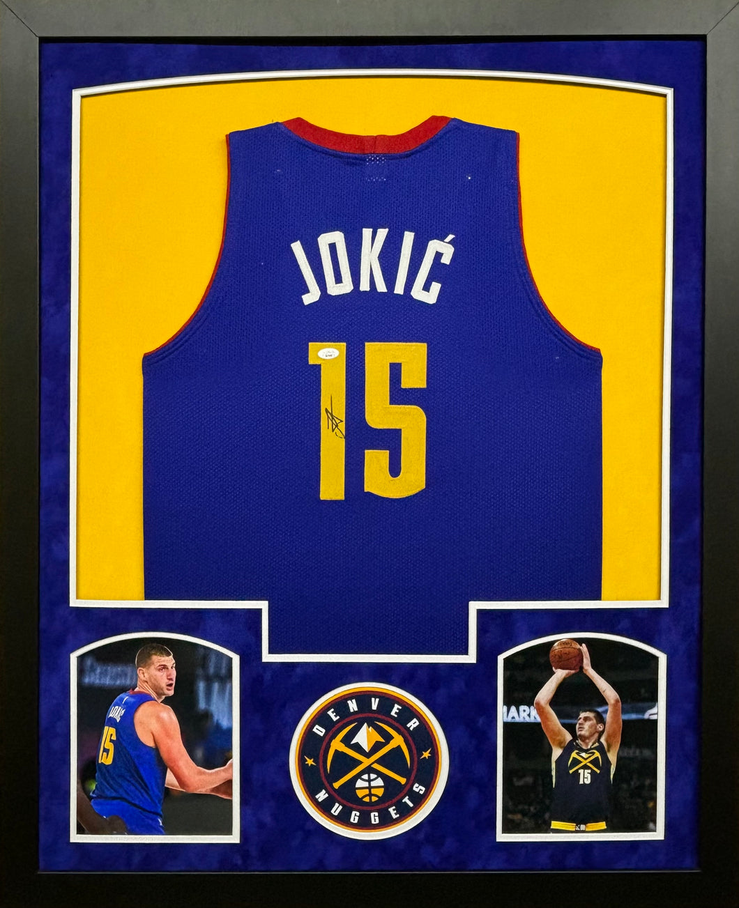 Denver Nuggets Nikola Jokic Hand Signed Autographed Custom Blue Jersey Framed & Double Suede Matted with JSA COA