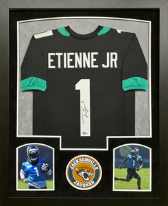 Jacksonville Jaguars Travis Etienne Jr. Hand Signed Autographed Custom Black Jersey Framed & Double Suede Matted with Beckett COA