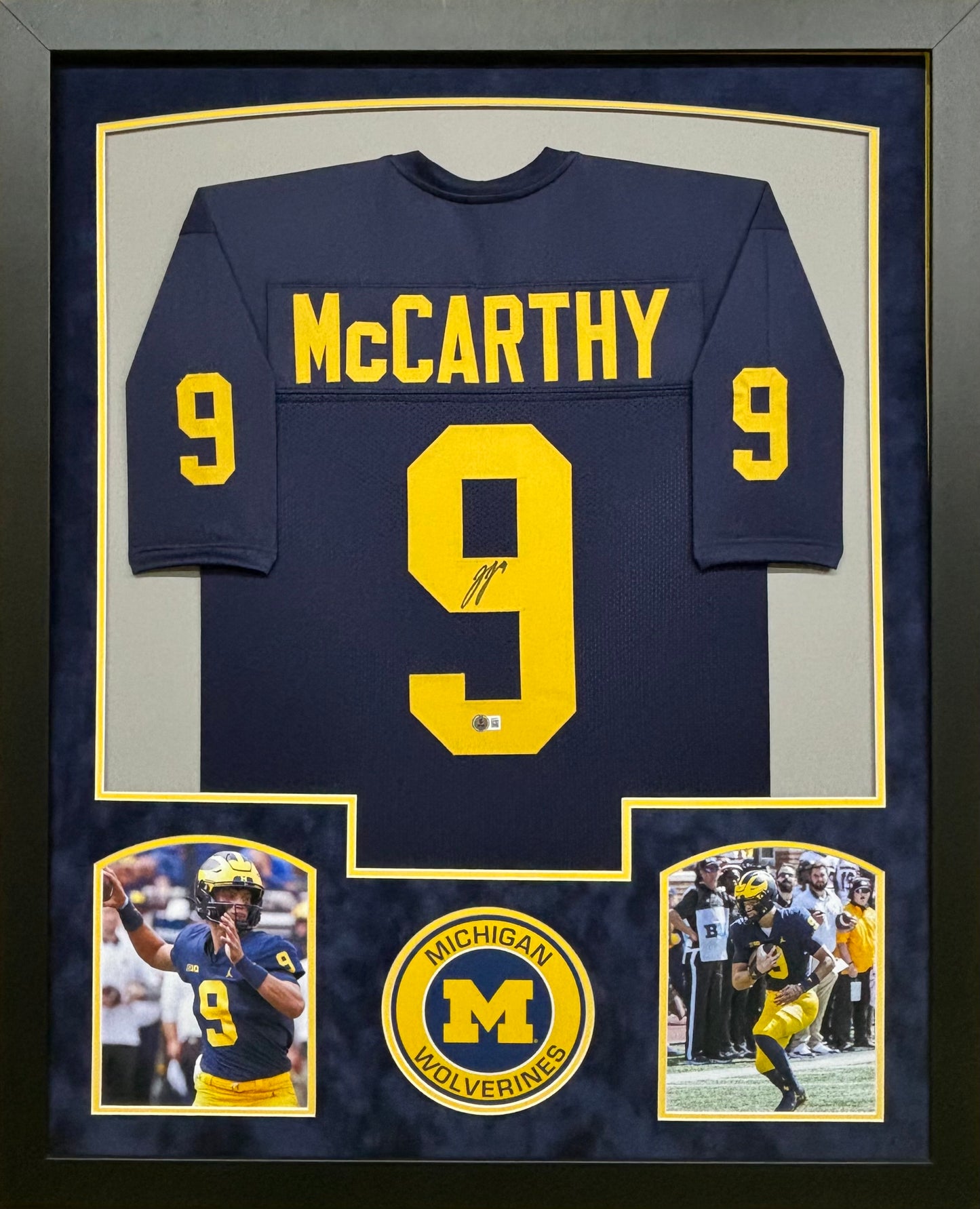 The Michigan Wolverines J.J. McCarthy Hand Signed Autographed Custom Blue Jersey Framed & Suede Matted with Beckett COA