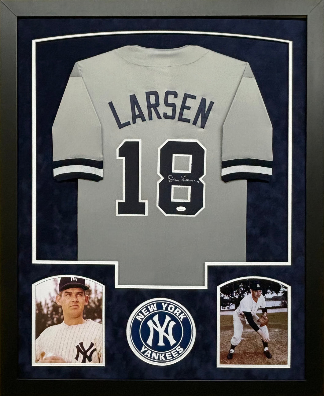 New York Yankees Don Larsen Hand Signed Autographed Custom Gray Jersey Framed & Double Suede Matted JSA COA