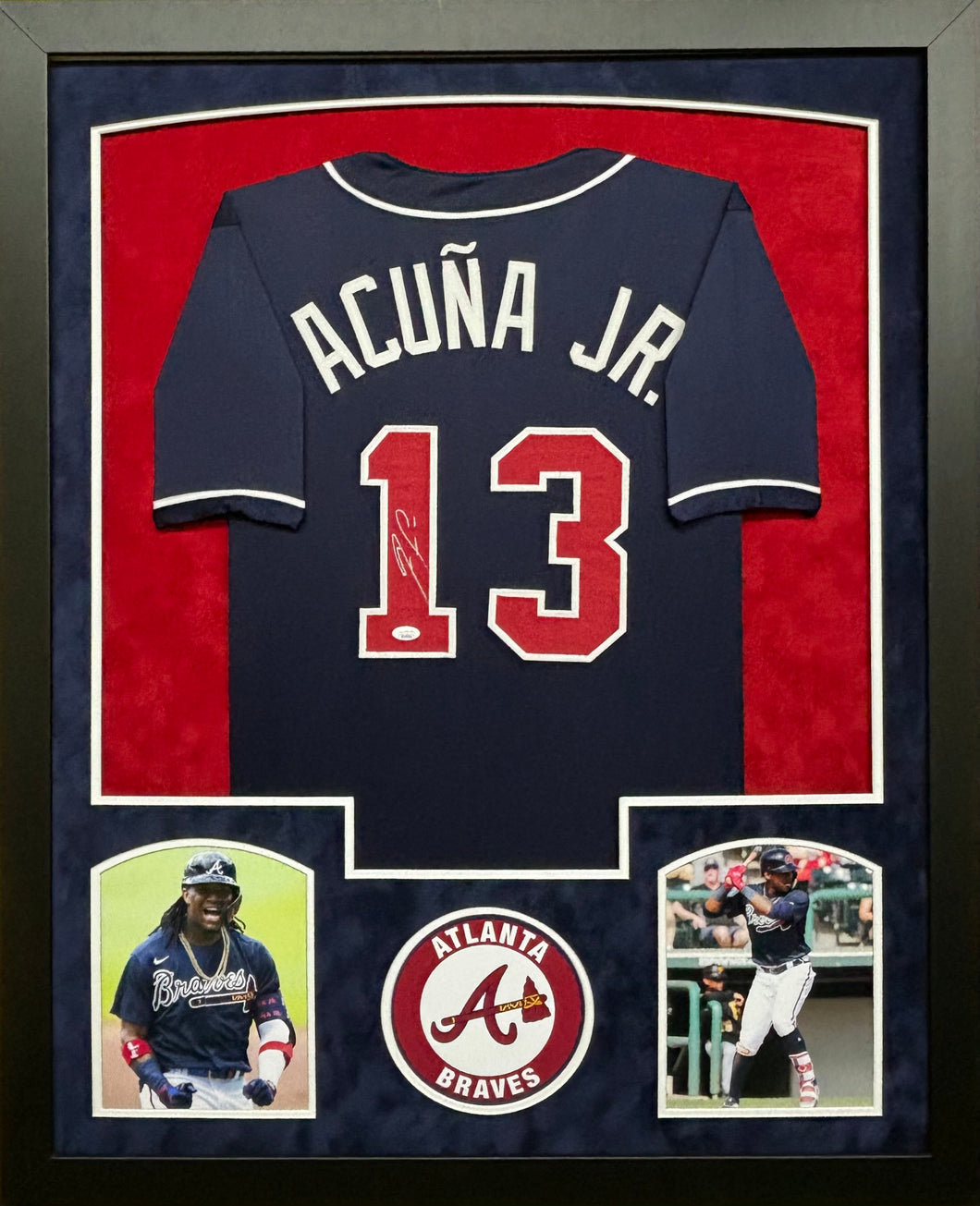 Atlanta Braves Ronald Acuna Jr. Hand Signed Autographed Custom Navy Jersey Framed & Double Suede Matted JSA COA