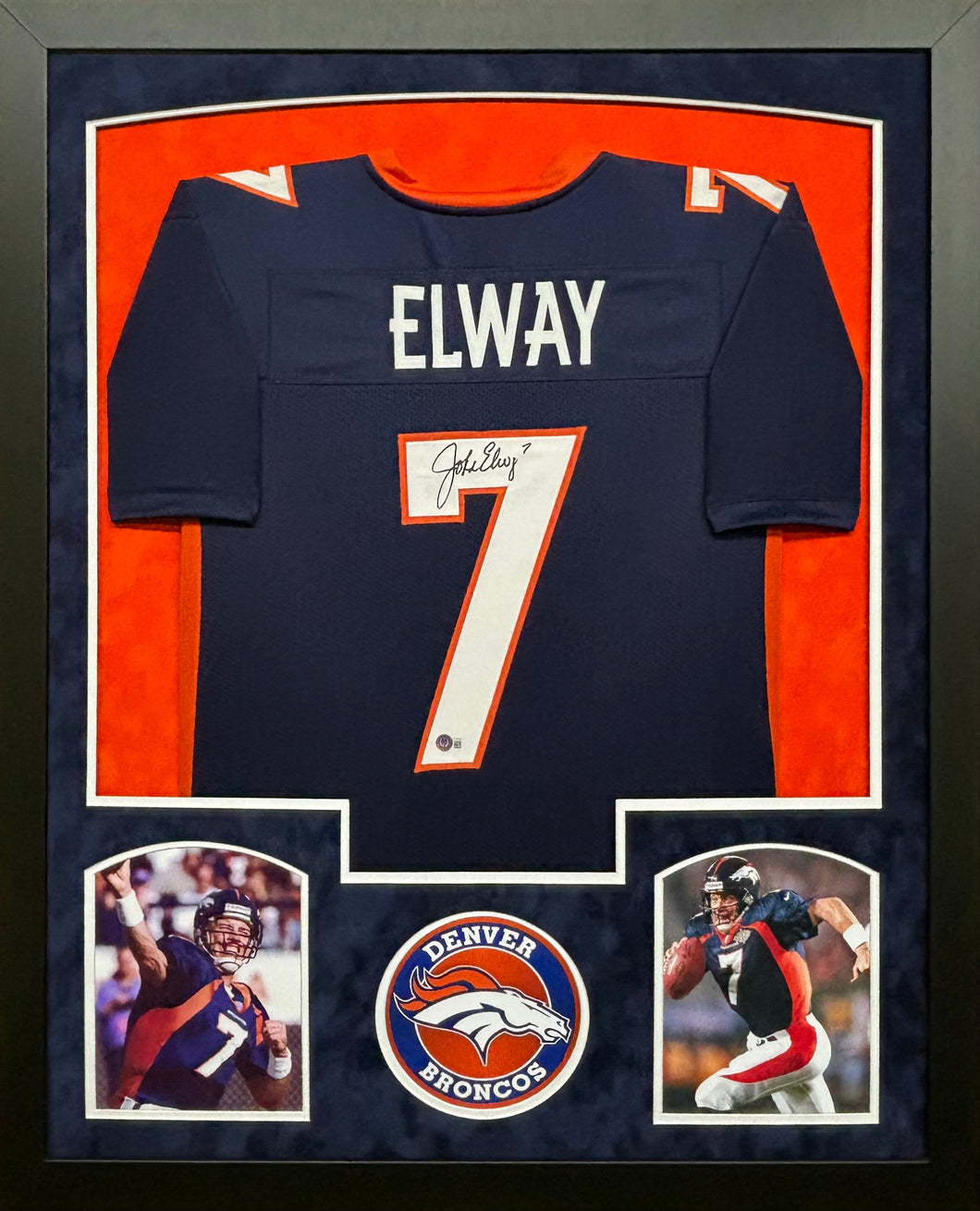 Denver Broncos John Elway Hand Signed Autographed Custom Navy Jersey Framed & Double Suede Matted BECKETT COA