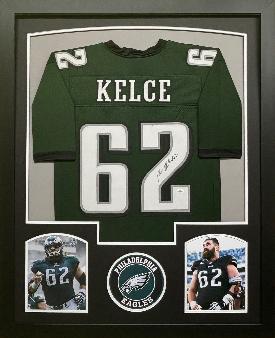 Philadelphia Eagles Jason Kelce Hand Signed Autographed Custom Green Jersey Framed & Matted with COA