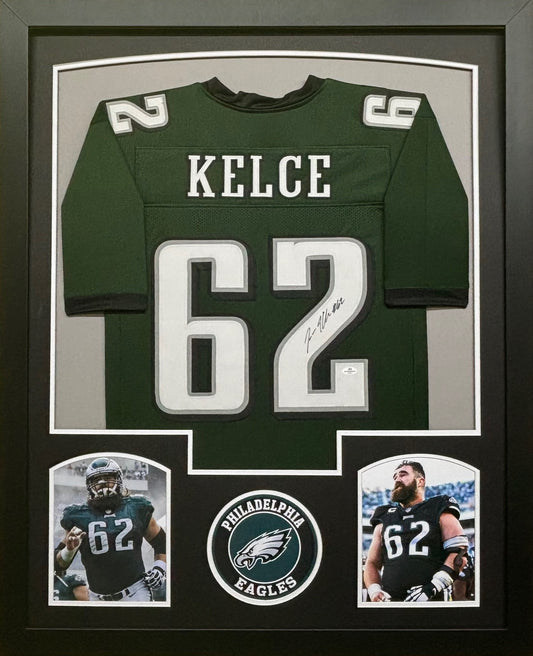 Philadelphia Eagles Jason Kelce Hand Signed Autographed Custom Green Jersey Framed & Matted with COA