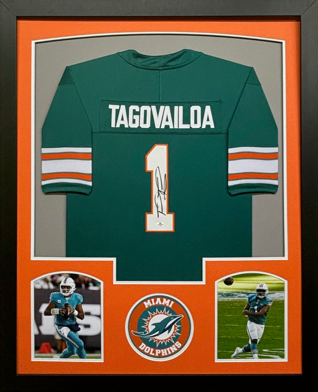 Miami Dolphins Tua Tagovailoa Hand Signed Autographed Custom Teal Jersey Framed & Matted with COA