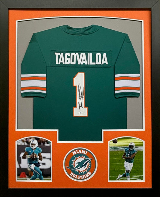 Miami Dolphins Tua Tagovailoa Hand Signed Autographed Custom Teal Jersey Framed & Matted with COA