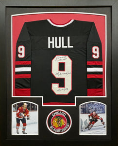 Chicago Blackhawks Bobby Hull Hand Signed Autographed Black Jersey with The Golden Jet & HOF 1983 Inscriptions Framed & Matted with JSA COA