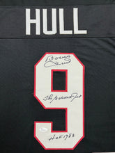 Load image into Gallery viewer, Chicago Blackhawks Bobby Hull Hand Signed Autographed Black Jersey with The Golden Jet &amp; HOF 1983 Inscriptions Framed &amp; Matted with JSA COA