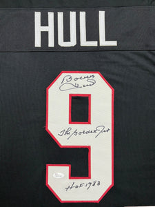 Chicago Blackhawks Bobby Hull Hand Signed Autographed Custom Black Jersey with The Golden Jet & HOF 1983 Inscriptions Framed & Matted with JSA COA