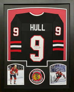 Chicago Blackhawks Bobby Hull Hand Signed Autographed Black Jersey with '61 Cup Inscription Framed & Matted with BECKETT COA