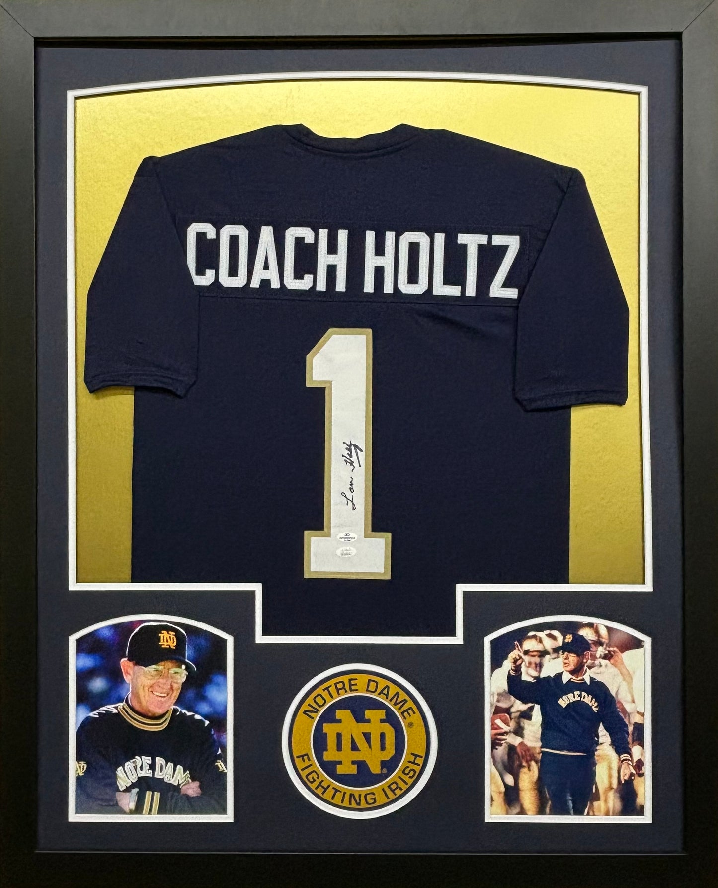 University of Notre Dame Fighting Irish Coach Lou Holtz Hand Signed Autographed Custom Blue Jersey Framed & Matted with JSA COA