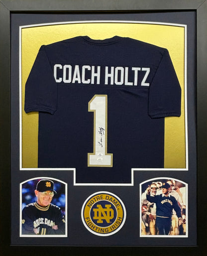 University of Notre Dame Fighting Irish Coach Lou Holtz Hand Signed Autographed Custom Blue Jersey Framed & Matted with JSA COA