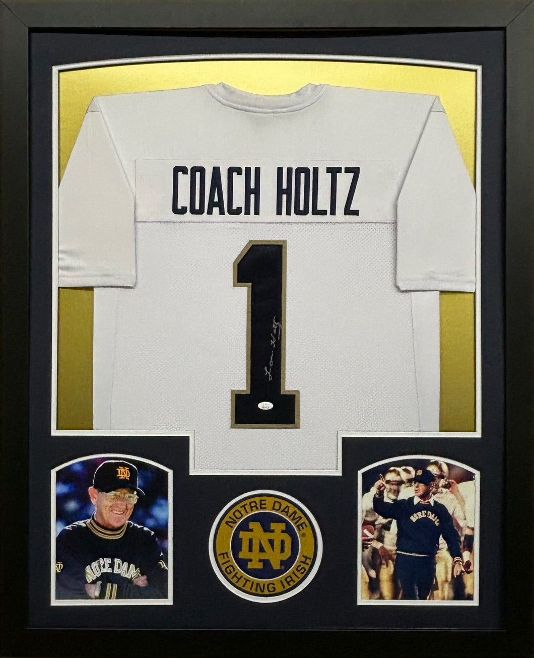 University of Notre Dame Fighting Irish Coach Lou Holtz Hand Signed Autographed Custom White Jersey Framed & Matted with JSA COA