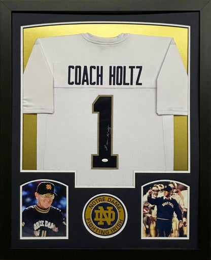 University of Notre Dame Fighting Irish Coach Lou Holtz Hand Signed Autographed Custom White Jersey Framed & Matted with JSA COA