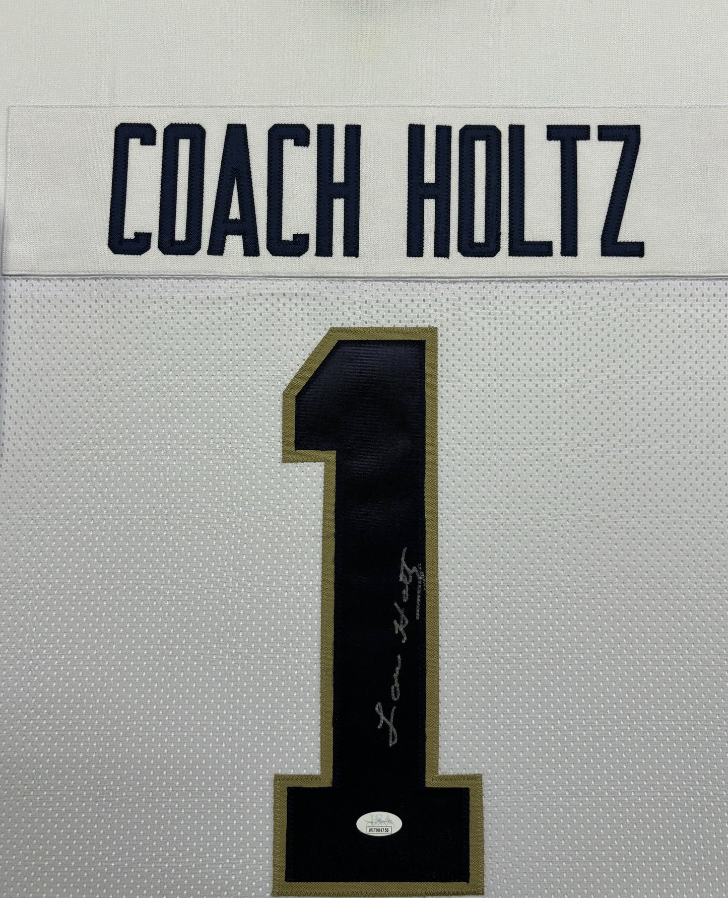 University of Notre Dame Fighting Irish Coach Lou Holtz Hand Signed Autographed Custom White Jersey Framed & Matted with JSA COA