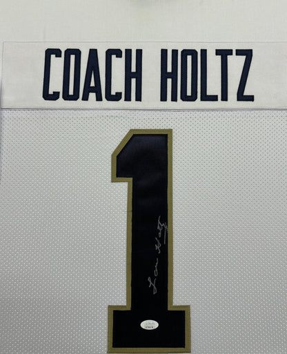 University of Notre Dame Fighting Irish Coach Lou Holtz Hand Signed Autographed Custom White Jersey Framed & Matted with JSA COA