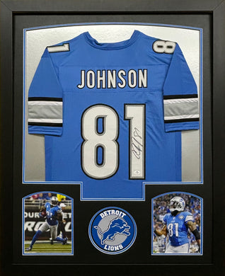 Detroit Lions Calvin Johnson Signed Blue Jersey Framed & Matted with COA