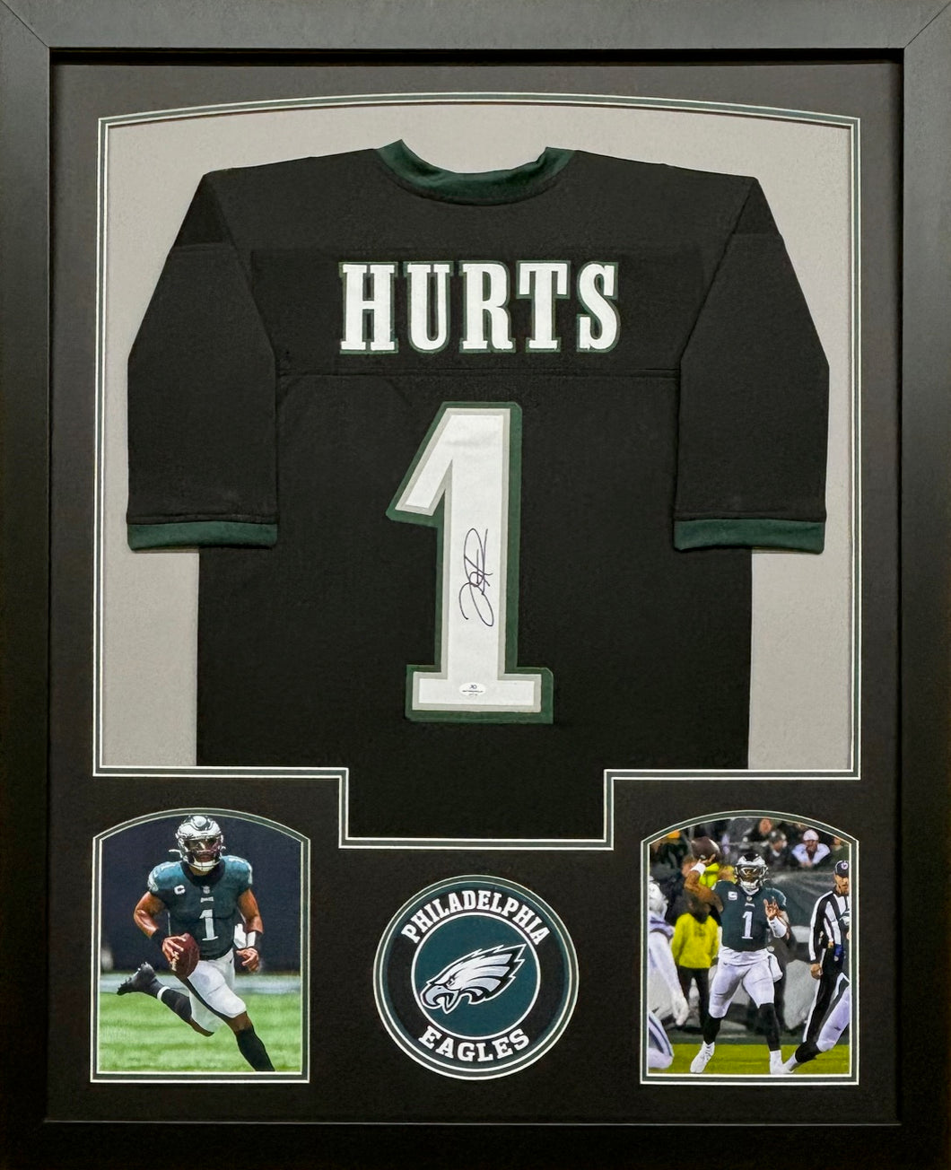 Philadelphia Eagles Jaylen Hurts Hand Signed Autographed Custom Black Jersey Framed & Matted with COA