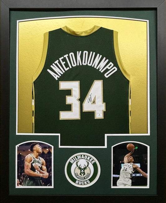 Milwaukee Bucks Giannis Antetokounmpo Hand Signed Autographed Custom Green Jersey Framed & Matted with COA