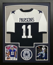 Load image into Gallery viewer, Dallas Cowboys Micah Parsons Hand Signed Autographed Custom Blue Jersey Framed &amp; Matted with COA