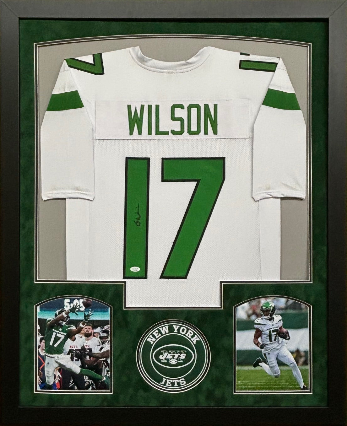 New York Jets Garrett Wilson Hand Signed Autographed White Jersey Framed & Suede Matted with JSA COA