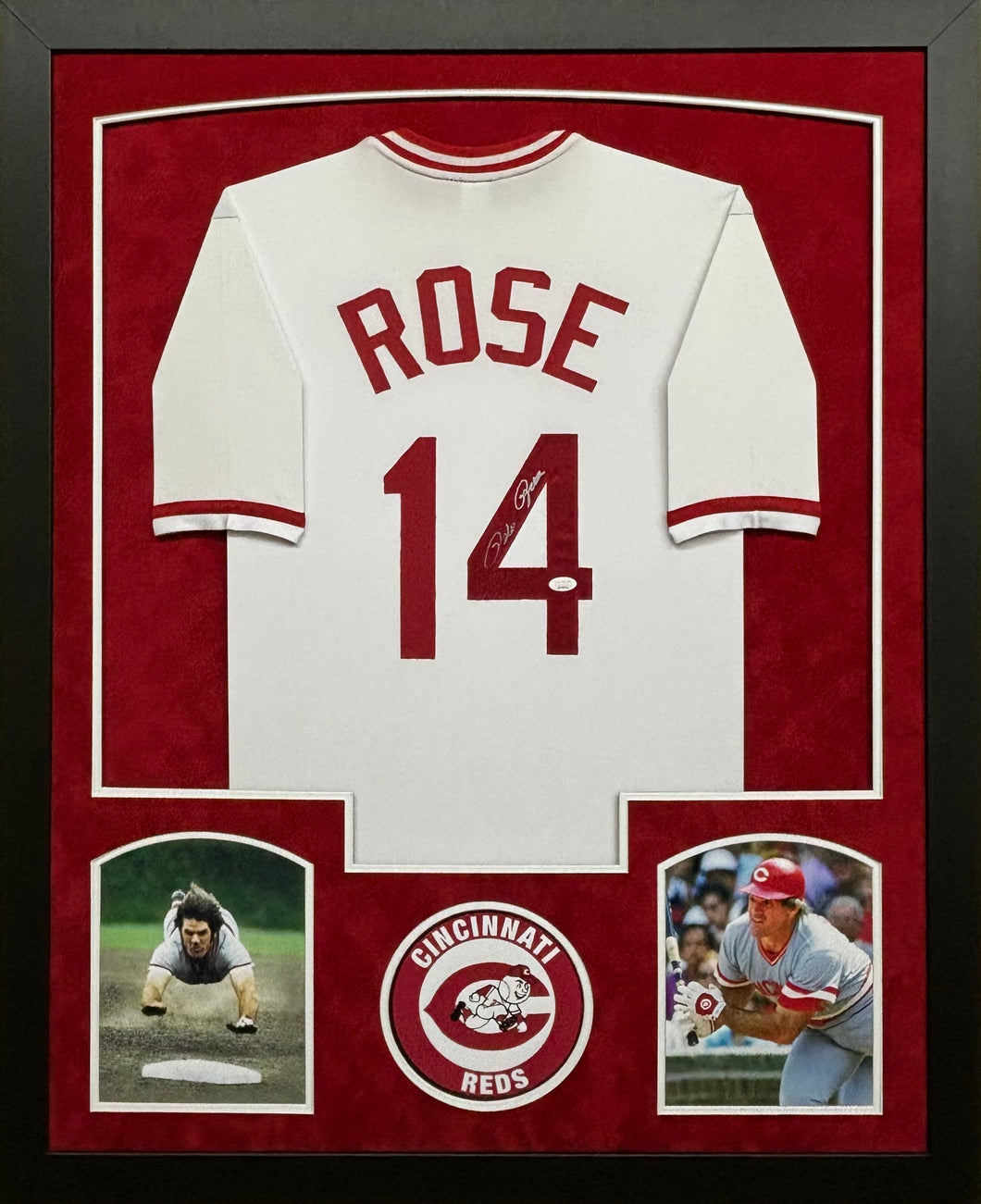 Cincinnati Reds Pete Rose Hand Signed Autographed Custom White Jersey Framed & Double Suede Matted JSA COA