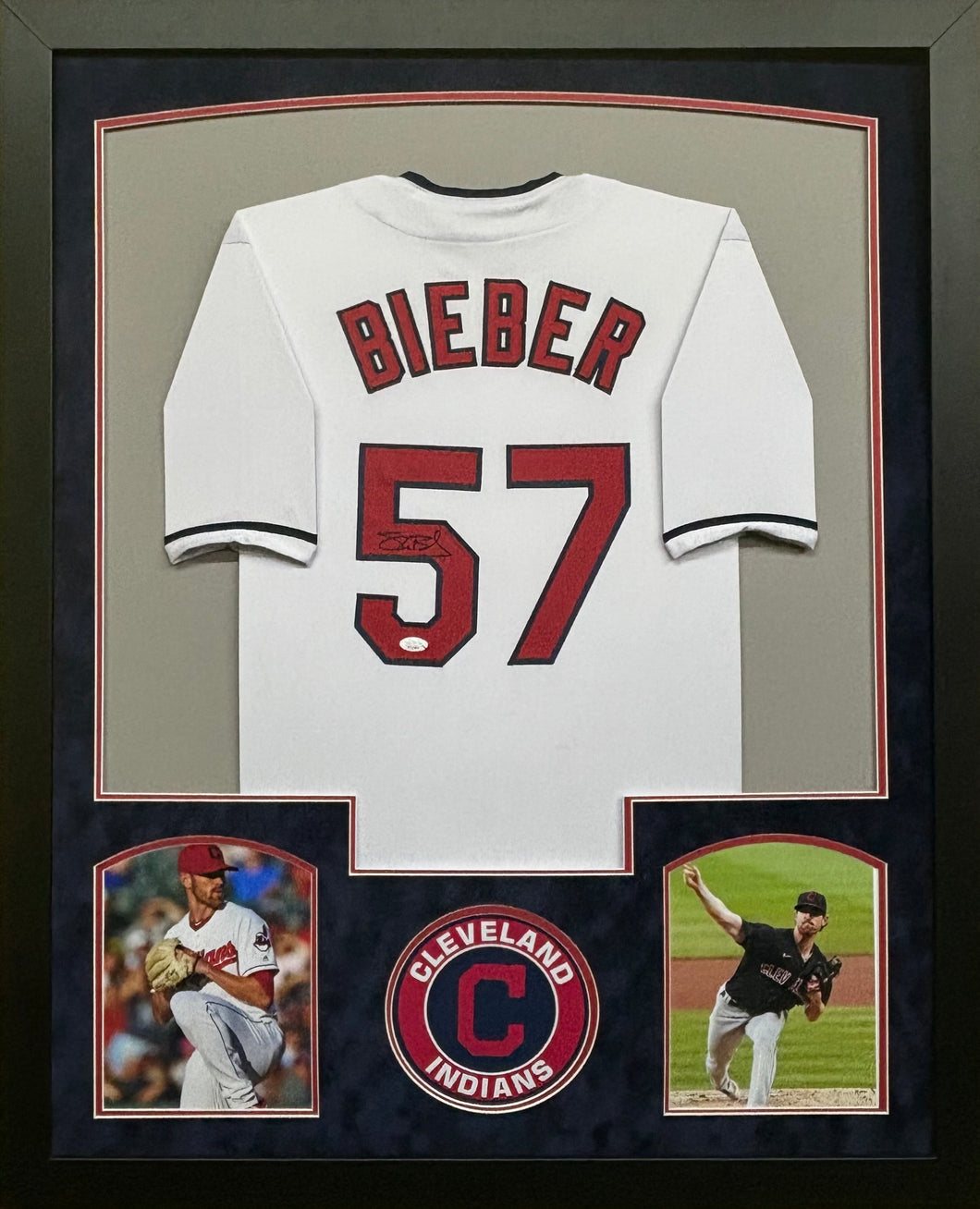 Cleveland Indians Shane Bieber Hand Signed Autographed White Jersey Framed & Suede Matted JSA COA