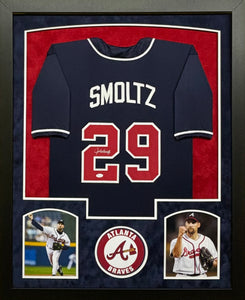 Atlanta Braves John Smoltz Hand Signed Autographed Custom Navy Jersey Framed & Double Suede Matted JSA COA