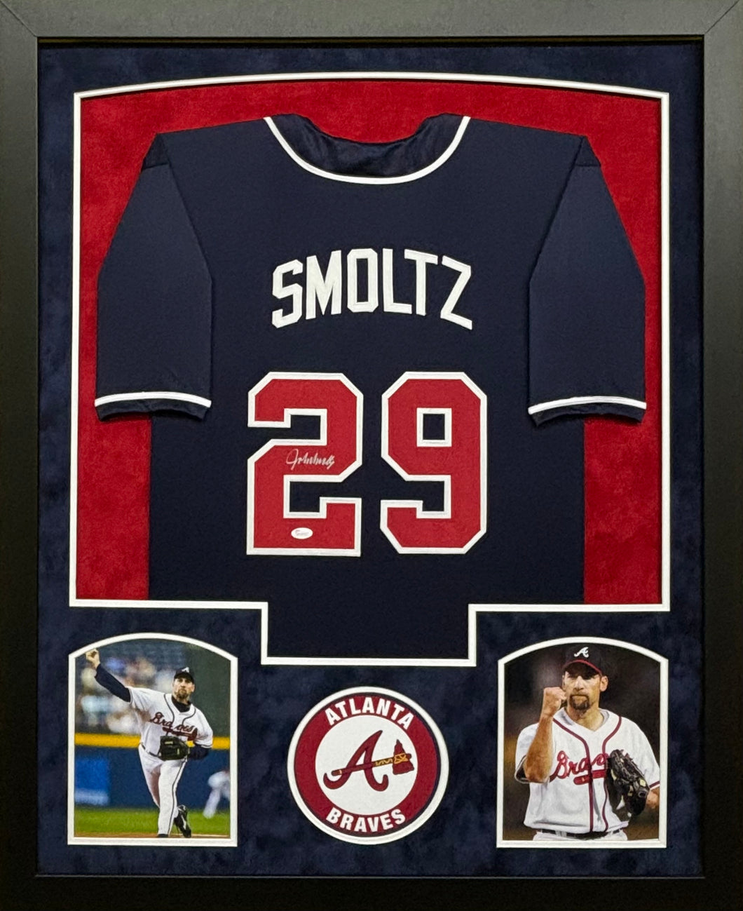 Atlanta Braves John Smoltz Hand Signed Autographed Custom Navy Jersey Framed & Double Suede Matted JSA COA